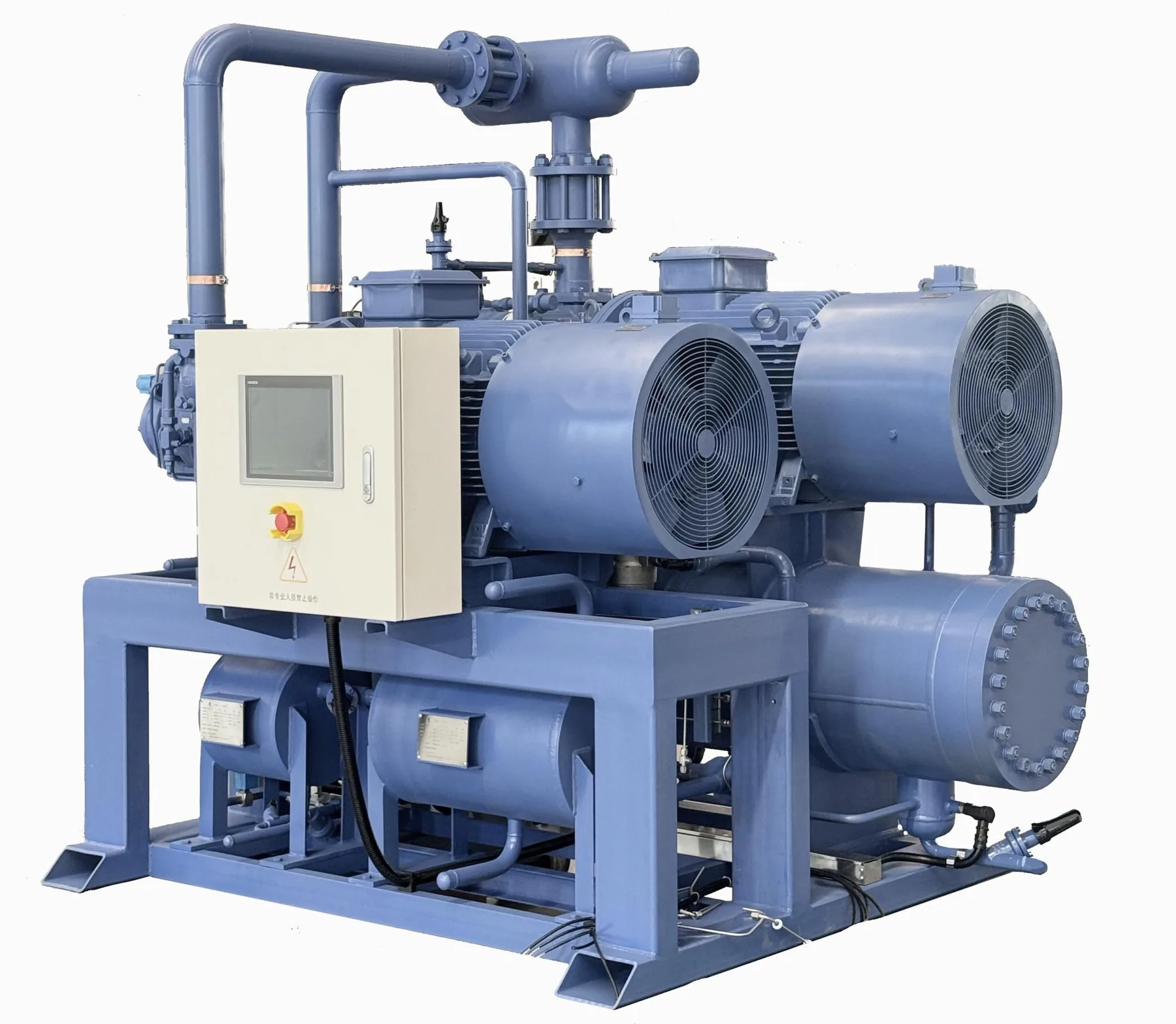 Industrial compressor package on a steel base frame